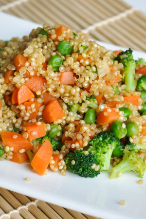 Vegetarian Quinoa Fried Rice with Broccoli, Peas, and Carrots