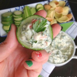 This is my go-to recipe for healthy chilled spinach dip with EXTRA veggies! It's perfect for piling in extras such as cucumber, zucchini, carrots and more!