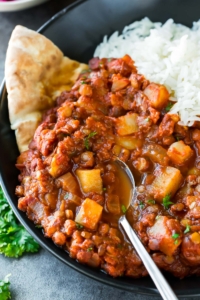 Slow Cooker Madras Lentils with basmati rice and pita bread
