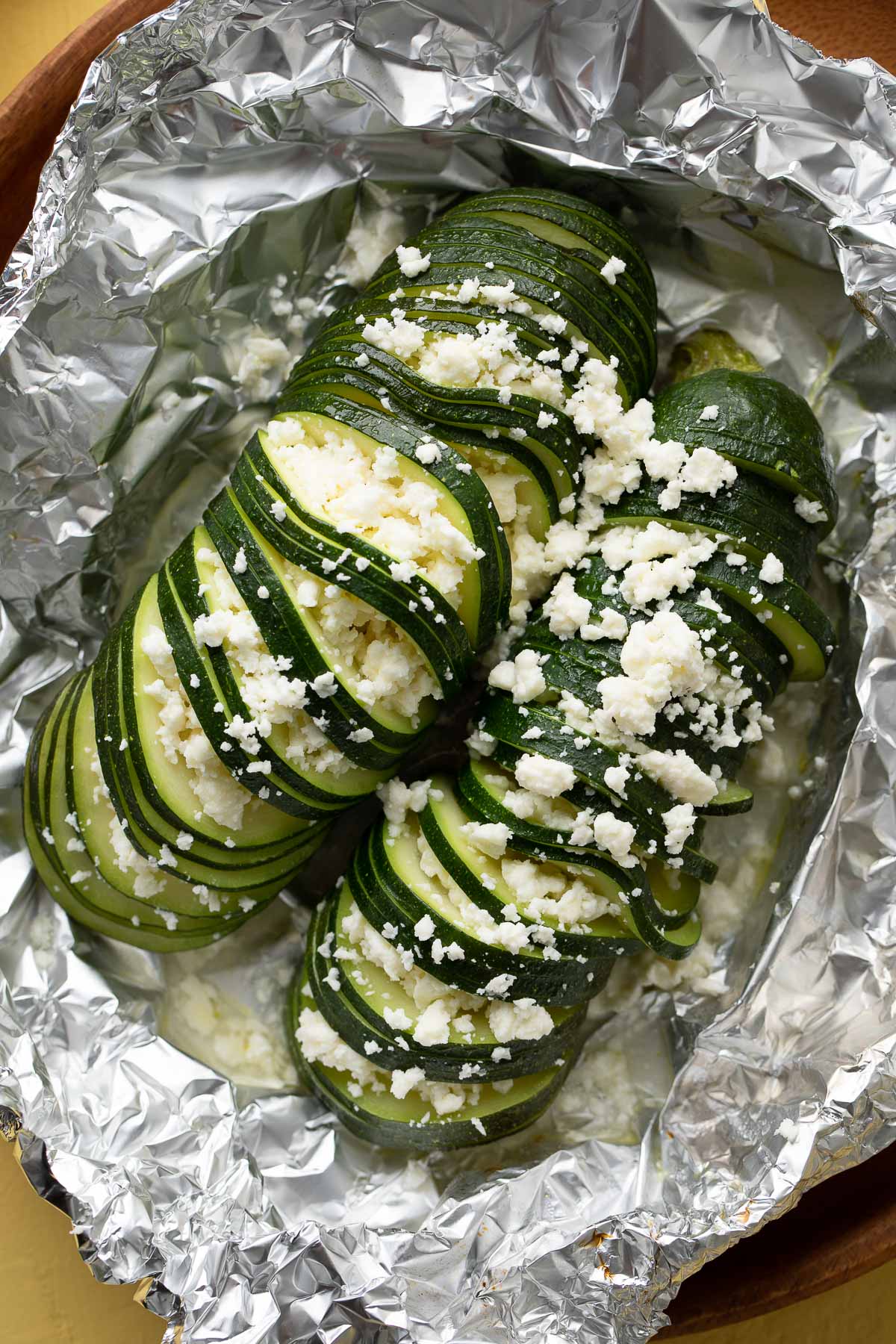 Hasselback Sliced Zucchini with Feta Baked in Foil Pouch