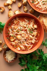 Chicken Parmesan Soup with Basil and Croutons