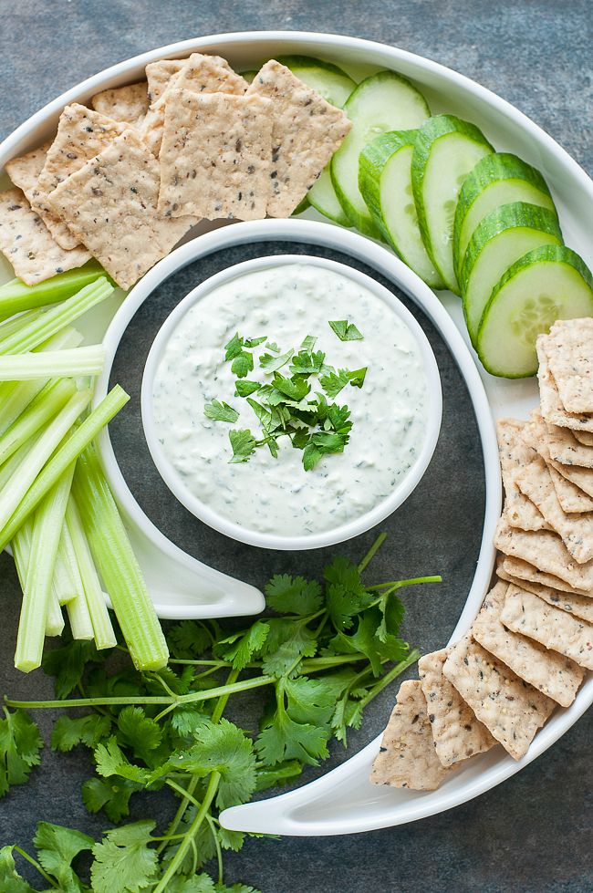 Creamy Cilantro Cucumber Dip with Gluten-Free Crackers and Fresh Vegetables