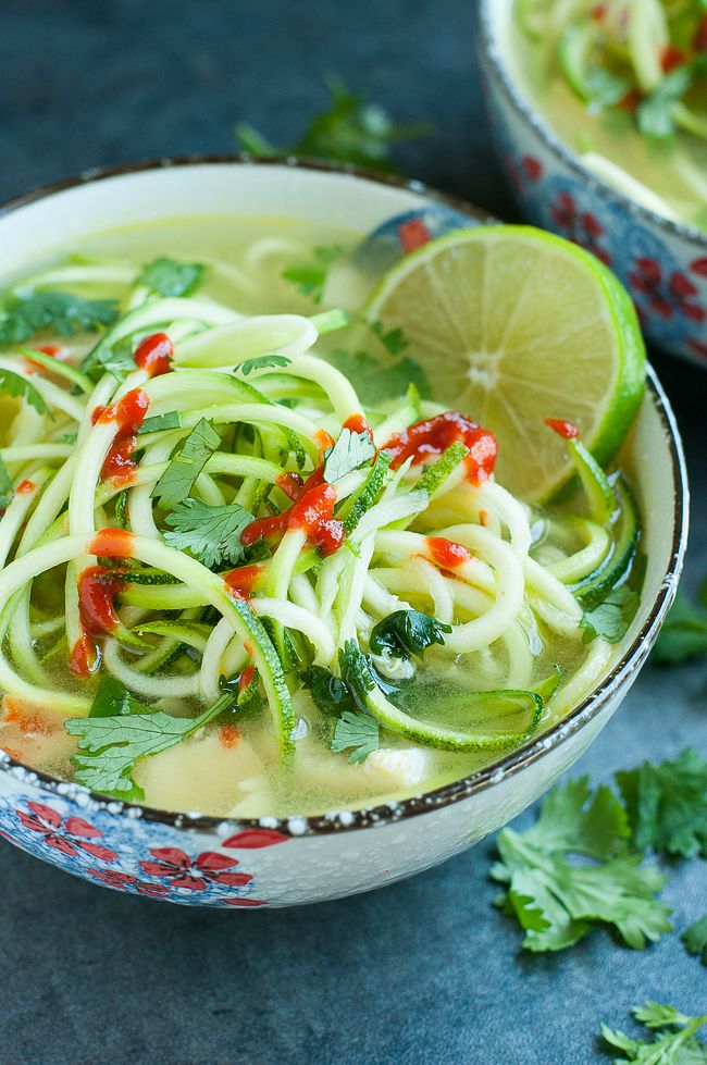 Spicy Sriracha Lime Chicken Zoodle Soup :: this one-pot soup can be made with a spiralizer or a veggie peeler and is ready in 15 minutes!