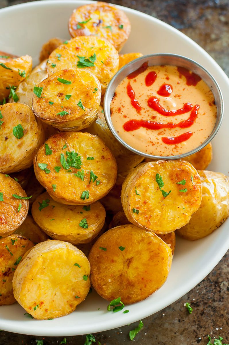 Easy Oven Roasted Potatoes with Sriracha Pumpkin Aioli