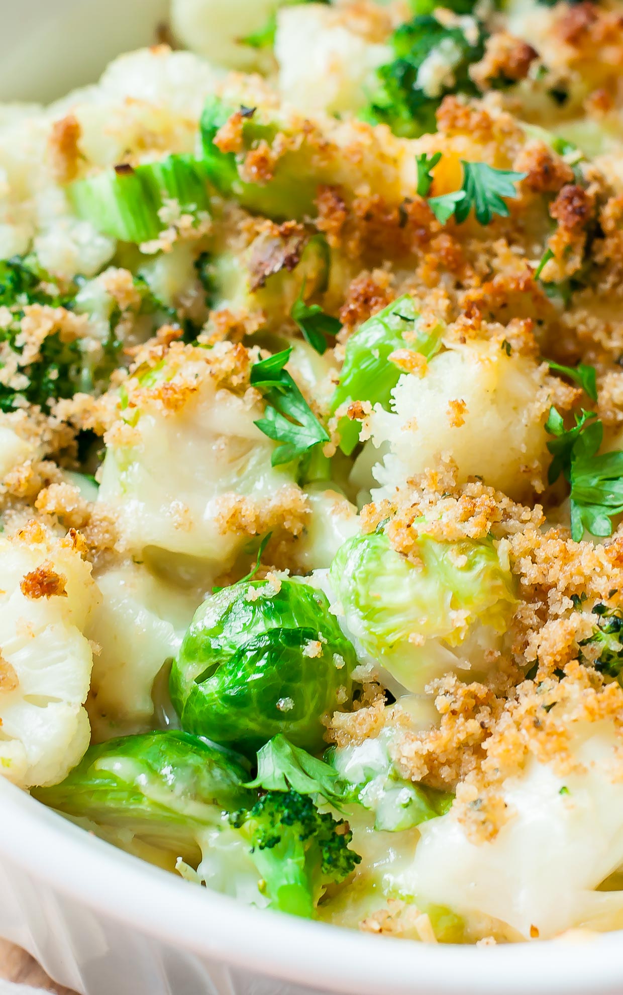Cheesy Broccoli Cauliflower Brussels Sprout Gratin Peas And Crayons