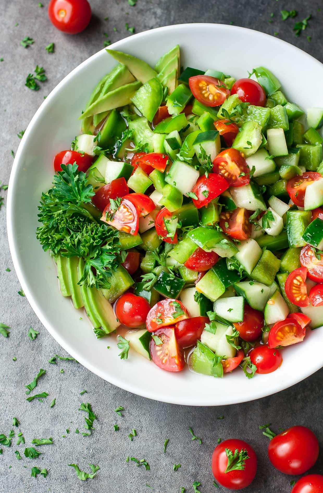 This healthy Tomato Cucumber Avocado Salad is light, fresh, and full of flavor! Vegan + Paleo + Whole30 + Low-Carb + Gluten-Free
