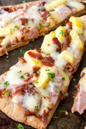 The easiest way to make pizza for 1-2 people? Flatbreads! These BBQ Hawaiian Flatbread Pizzas are quick, easy, and totally delicious!