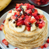 Healthy Banana Split Pancakes with Almond Milk!