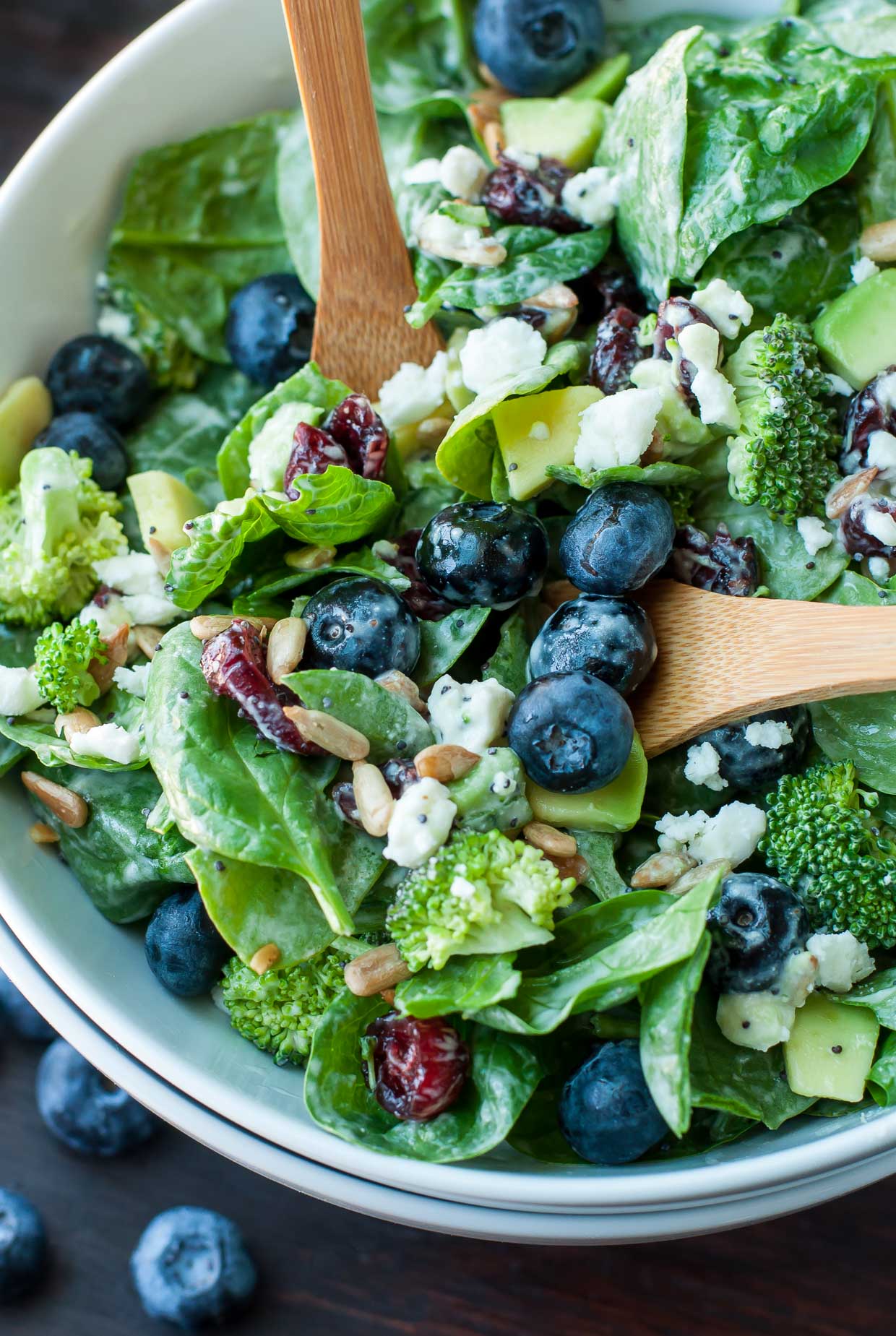 Blueberry Broccoli Spinach Salad with Poppyseed Ranch Dressing and Creamy Feta