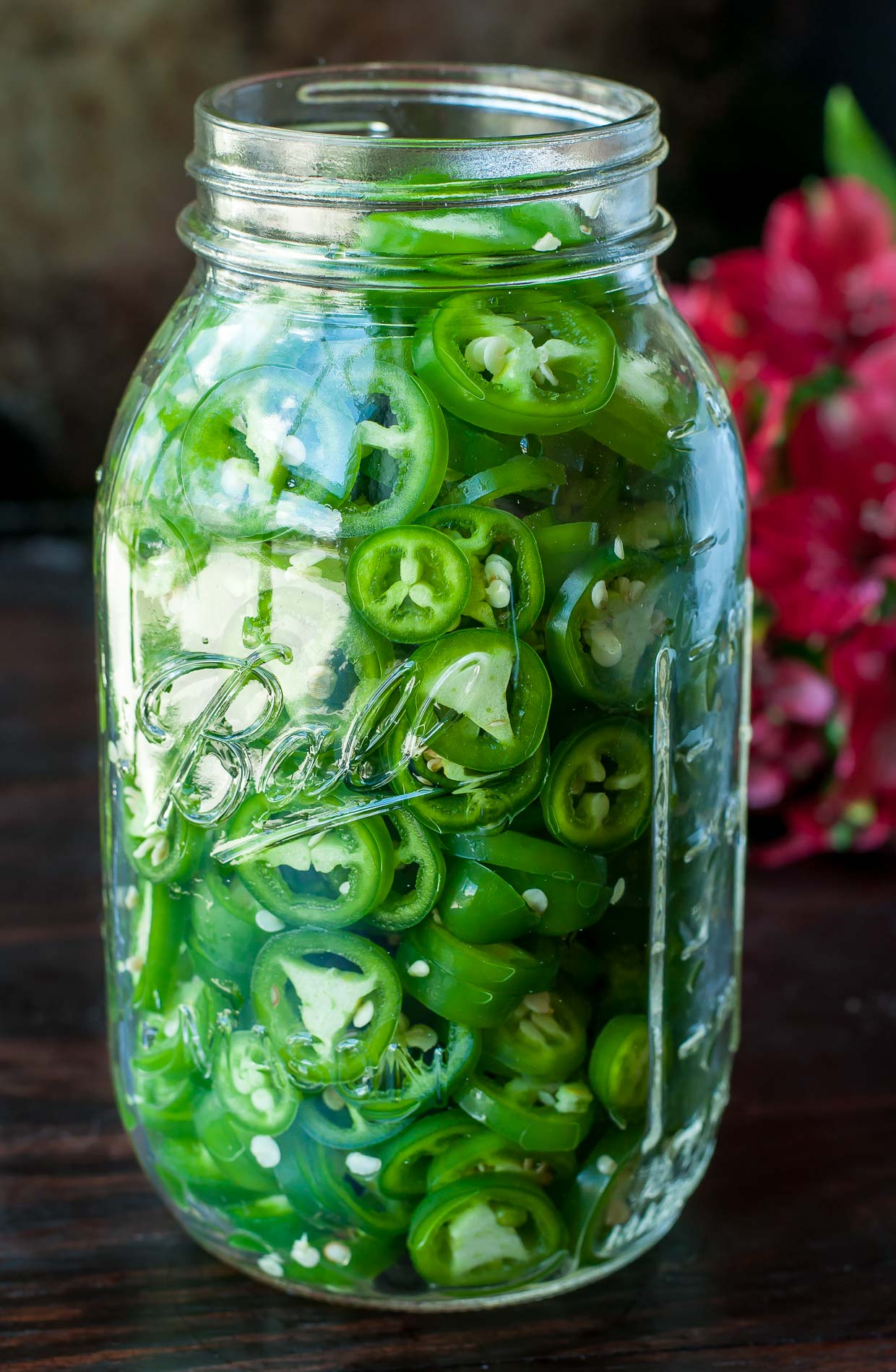 Fridge Pickled Jalapeño Peppers in a large mason jar
