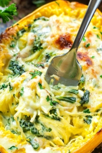 Aiming to eat more veggies? This Cheesy Garlic Parmesan Spinach Spaghetti Squash recipe packs an entire package of spinach swirled with an easy cheesy cream sauce.