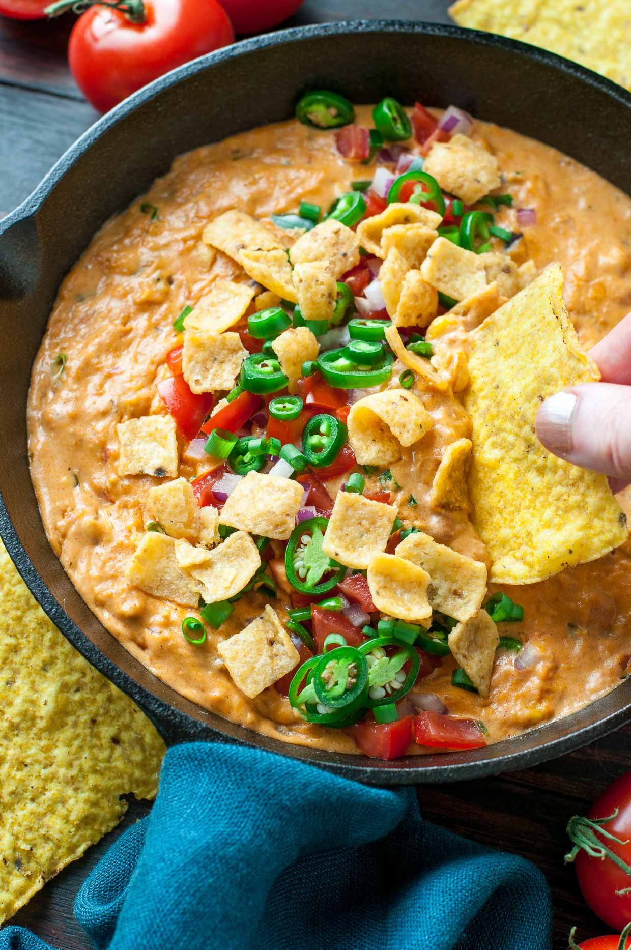 Easy Vegetarian Chili Cheese Dip... with NO VELVEETA! This easy cheesy dip is sketch-free and delicious!