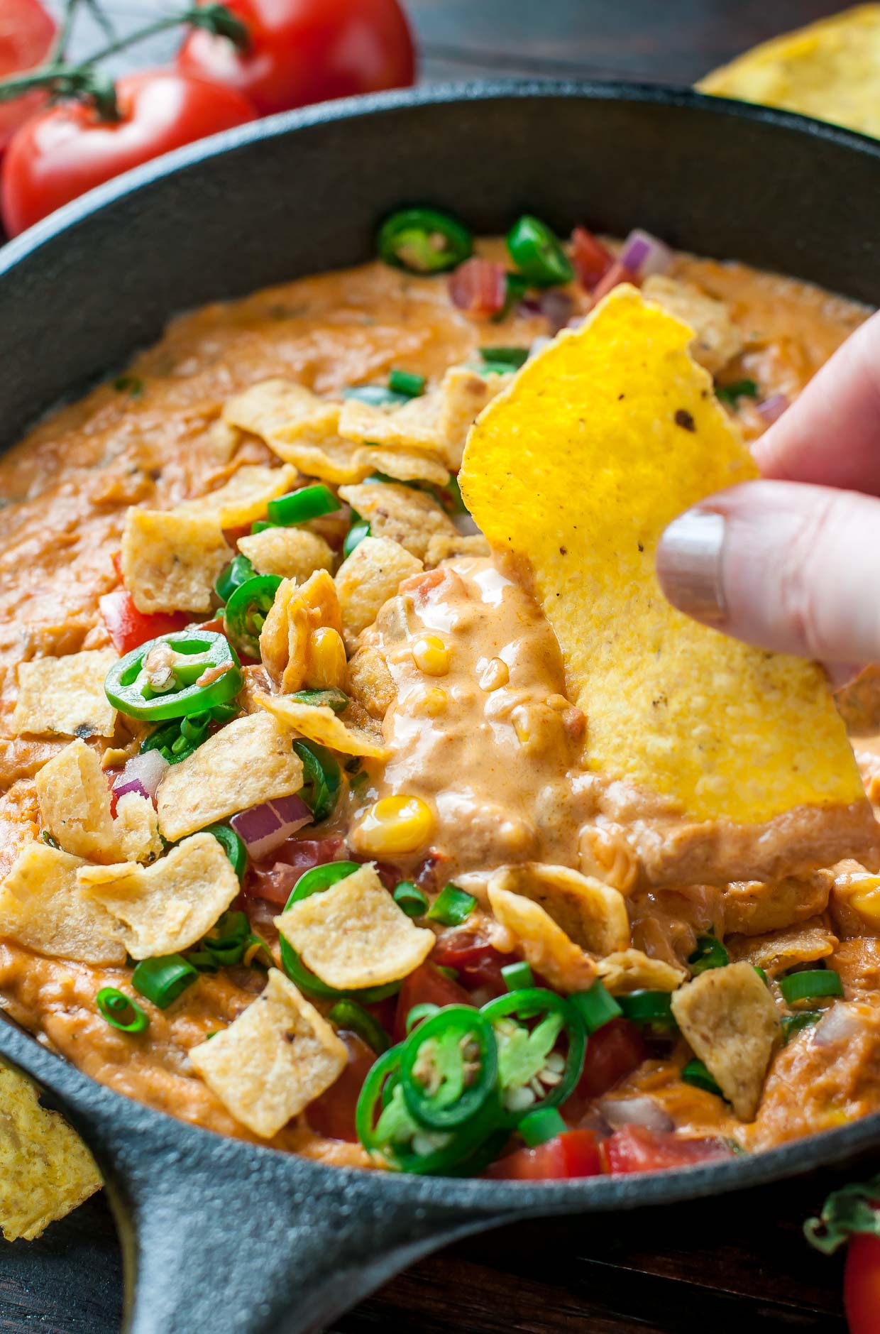Easy Vegetarian Chili Cheese Dip... with NO VELVEETA! This easy cheesy dip is sketch-free and delicious!