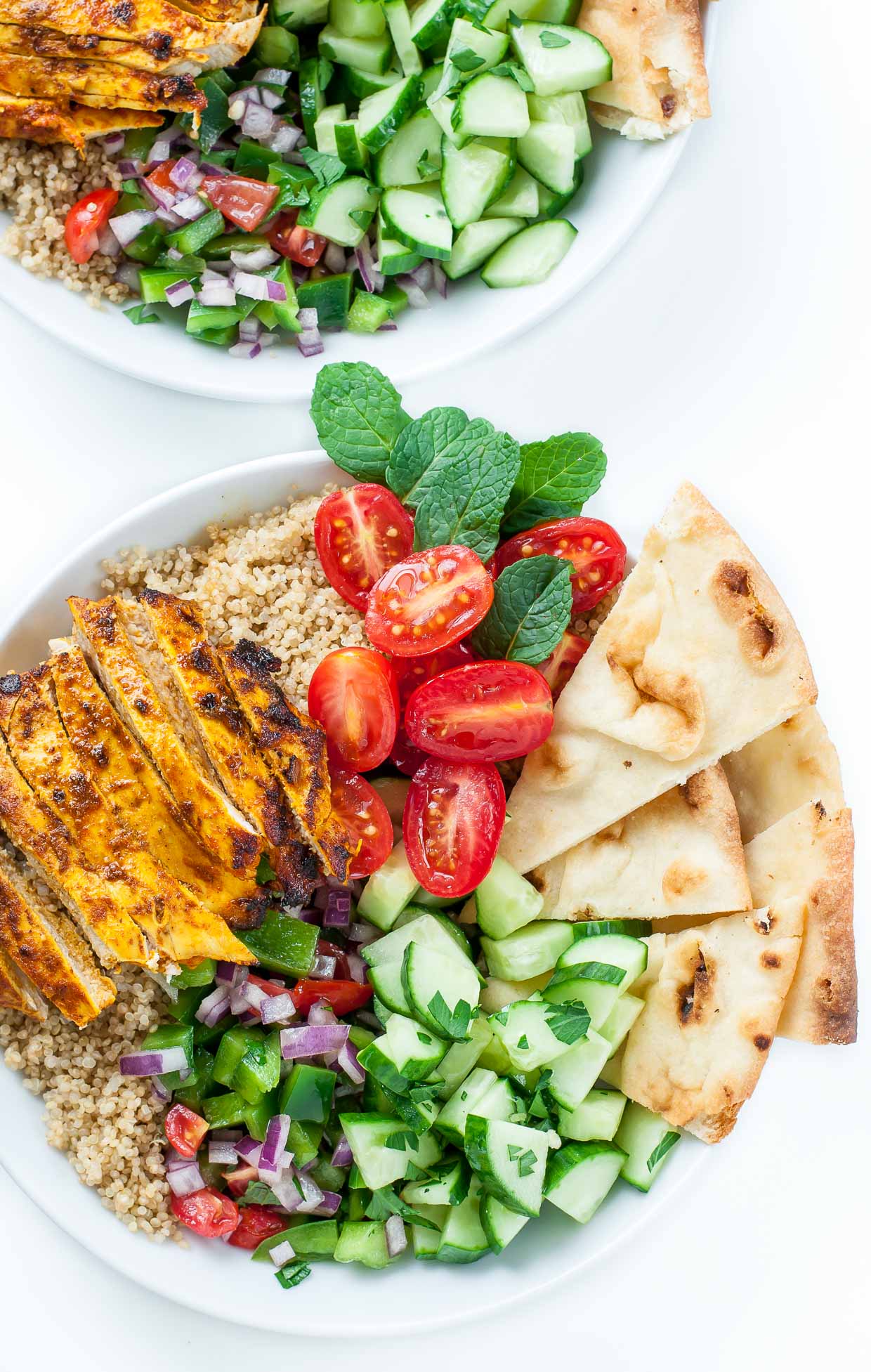 Loving this recipe for healthy Chicken Shawarma Quinoa Bowls with a super easy hack for creating make-ahead lunches for work or school. The flavors are out of this world!!
