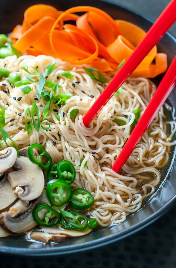 Vegan Ramen Bowls with Edamame and Mushrooms Peas and Crayons