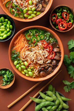 Vegan Ramen Bowls topped with edamame, mushrooms, carrots, jalapeños, and garlic chili oil
