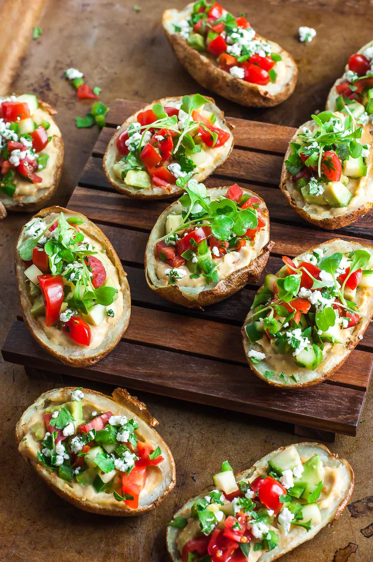 Healthy Mediterranean Potato Skins with Roasted Garlic Hummus