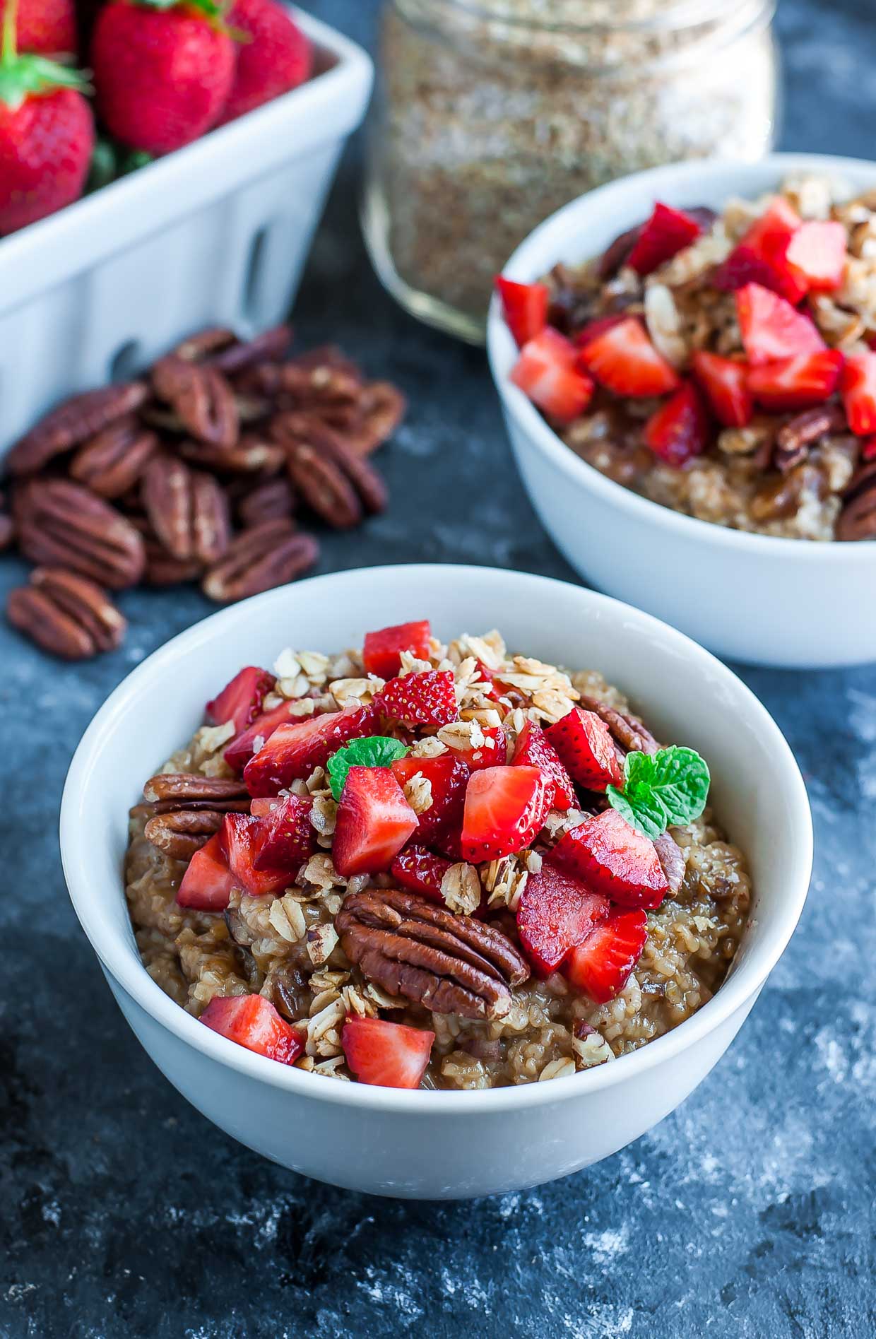 This tasty Instant Pot Strawberry Trail Mix Oatmeal is naturally sweetened and swirled with dried fruit and nuts for a healthy + speedy breakfast that's a breeze to make!