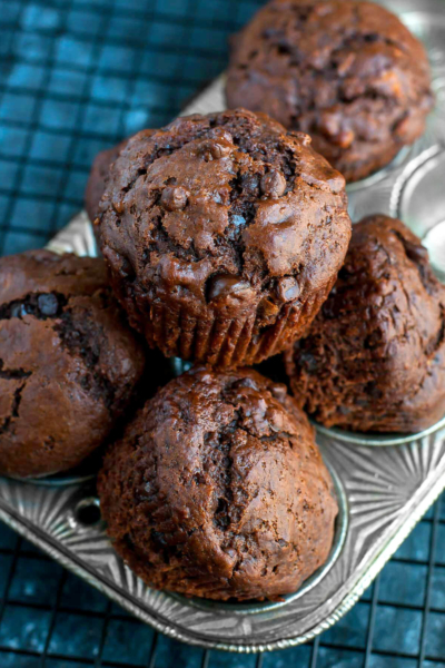 These Bakery-Style Double Chocolate Banana Muffins are fabulously fluffy and flavorful!