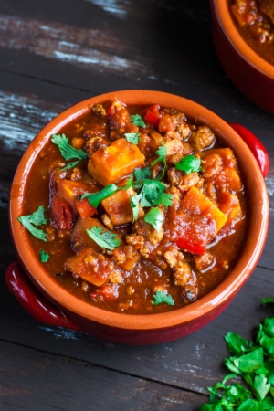 Smoky Chipotle Turkey and Sweet Potato Chili; this uber easy and crazy flavorful chili recipe has both Instant Pot and stove top instructions!