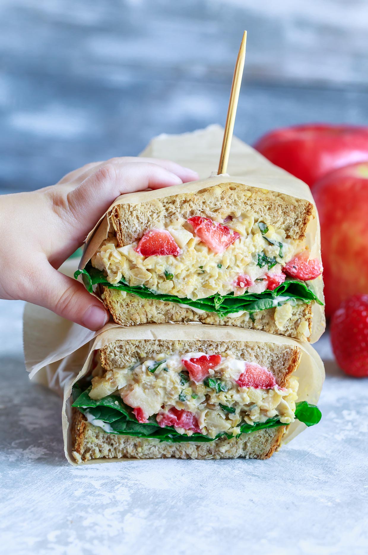 This Strawberry Basil Chickpea Salad Sandwich makes a tasty (and portable!) lunch for work, school, or home. Even better? It's quick, easy, and healthy too!