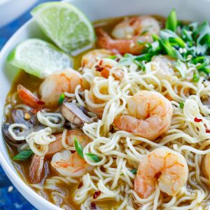 This piping hot Sriracha Shrimp Ramen Noodle Soup is quick, easy, and crazy delicious!