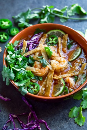 Spicy Shrimp Tortilla Soup ready in under 30 minutes and so crazy tasty! We are so totally in love with this delicious dairy-free soup.