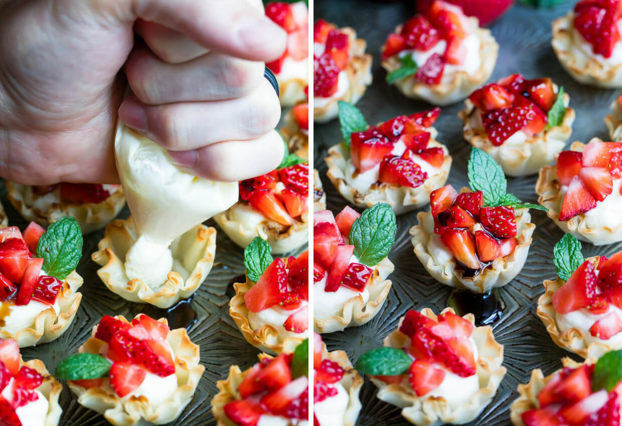 Strawberry Phyllo Cups with whipped feta and balsamic glaze