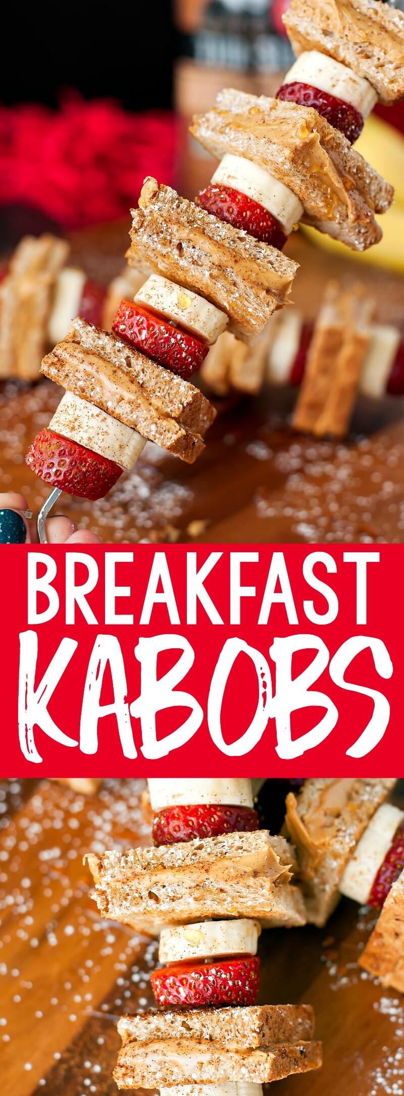 Whip up these Strawberry Banana Peanut Butter Toast on a Stick for a fun back to school breakfast! These sweet and savory breakfast kabobs are sure to be a hit! #kabobs #toast #breakfast #peanutbutter #banana #strawberry #kidfriendly #breakfast #snack
