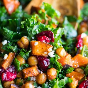 Roasted Butternut Squash Kale Salad with Chickpeas and Cranberries