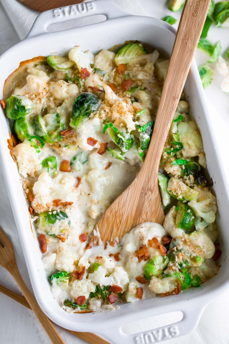 Creamy Parmesan Gruyere Cauliflower and Brussels Sprout Casserole with Bacon