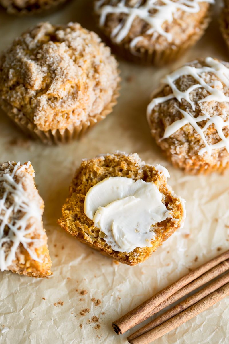 Pumpkin Apple Muffins with Cinnamon Sugar Streusel and Vanilla Glaze
