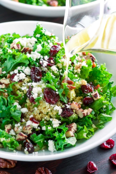 Cranberry Kale Salad with Candied Pecans and Feta