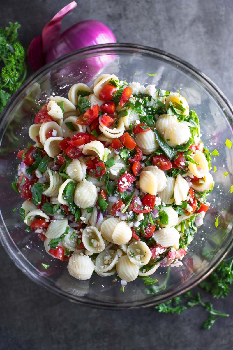 Spinach Pasta Salad with Feta and Tomato