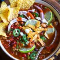 Vegetarian Taco Soup with Tortilla Chips and Jalapeños