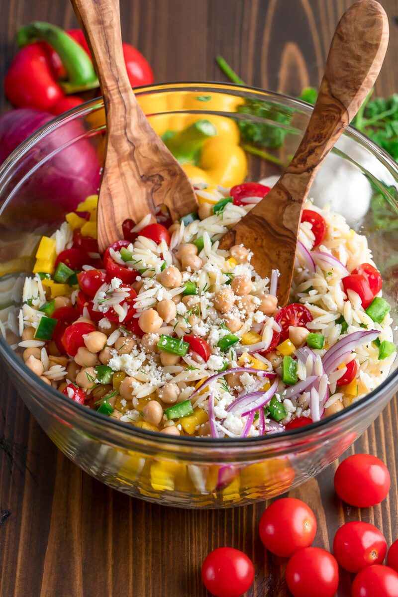 Summer Orzo Salad Bowl with Veggies and Chickpeas