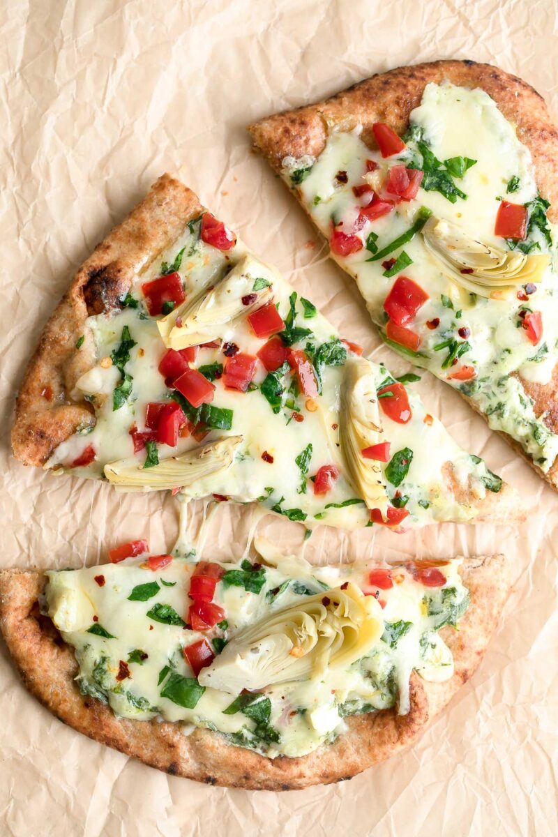 Cheesy Spinach Artichoke Flatbread Pizza