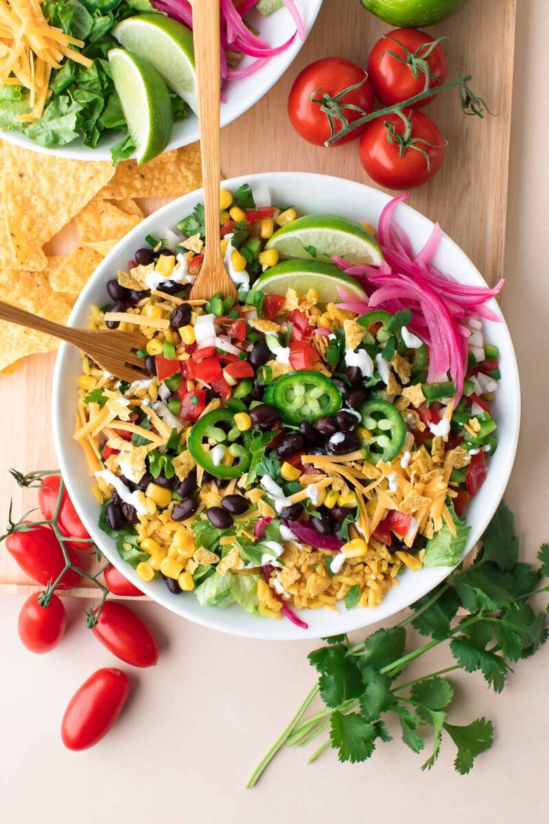 Black Bean Burrito Bowls with Sour Cream and Toppings