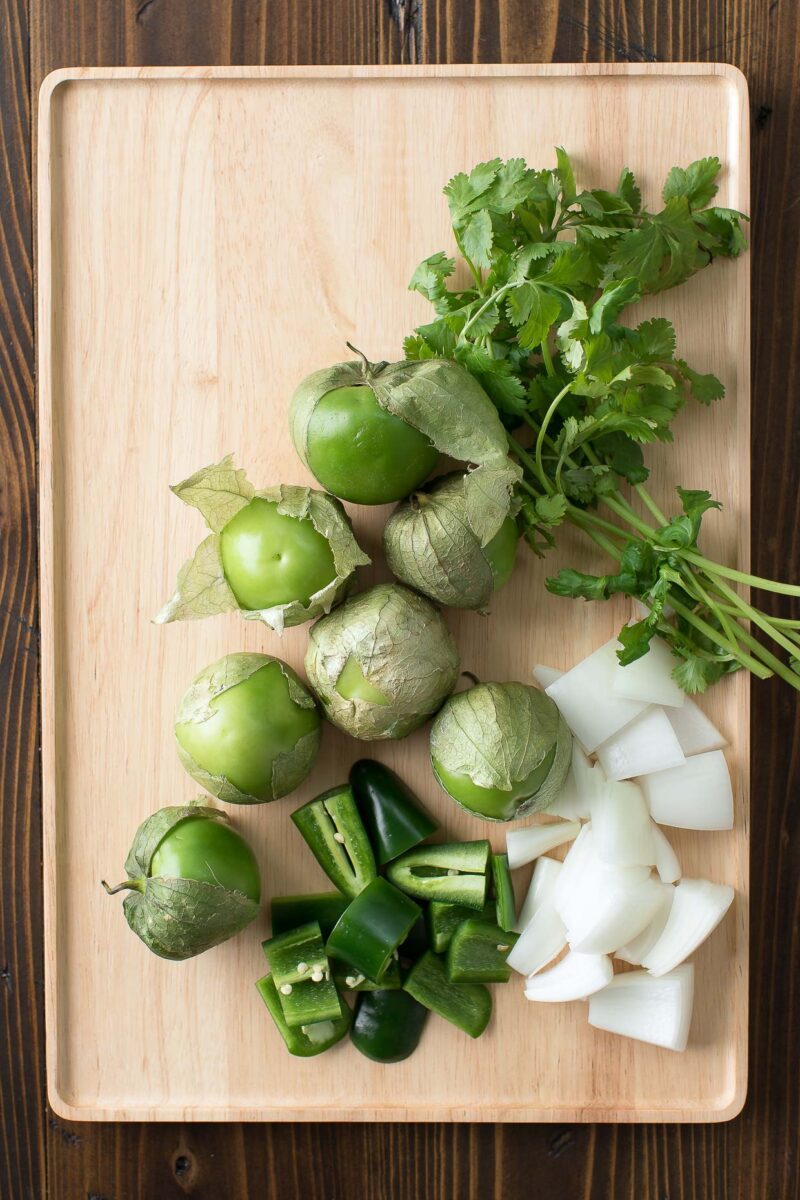 Salsa Verde Ingredients - Tomatillos, Onion, Jalapeno, and Cilantro