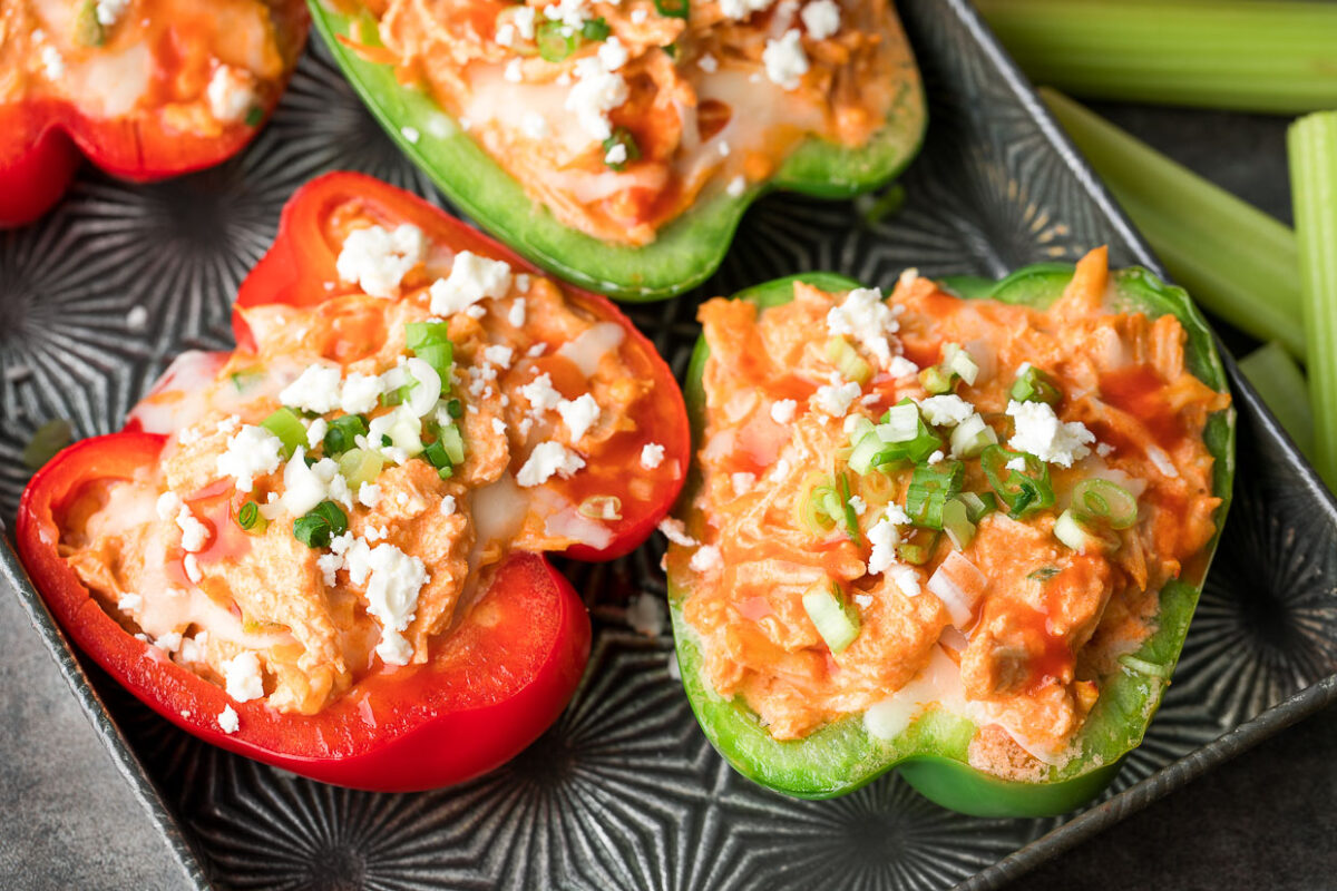 Cheesy Buffalo Chicken Stuffed Peppers with Feta and Scallions