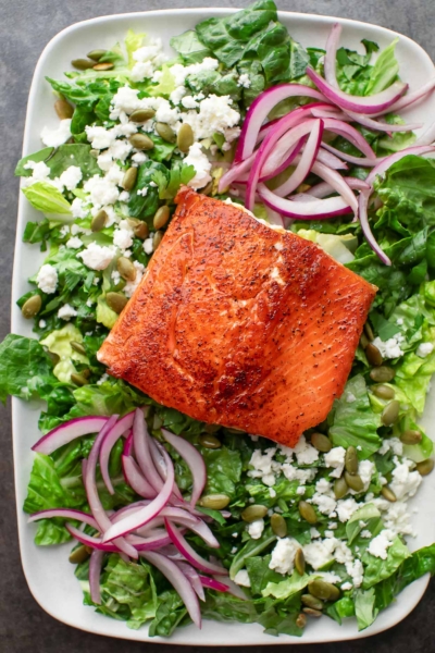 Salmon Chimichurri Salad with Red Onion and Feta