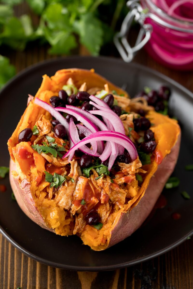 Salsa Chicken Sweet Potatoes with Pickled Red Onion and Cilantro