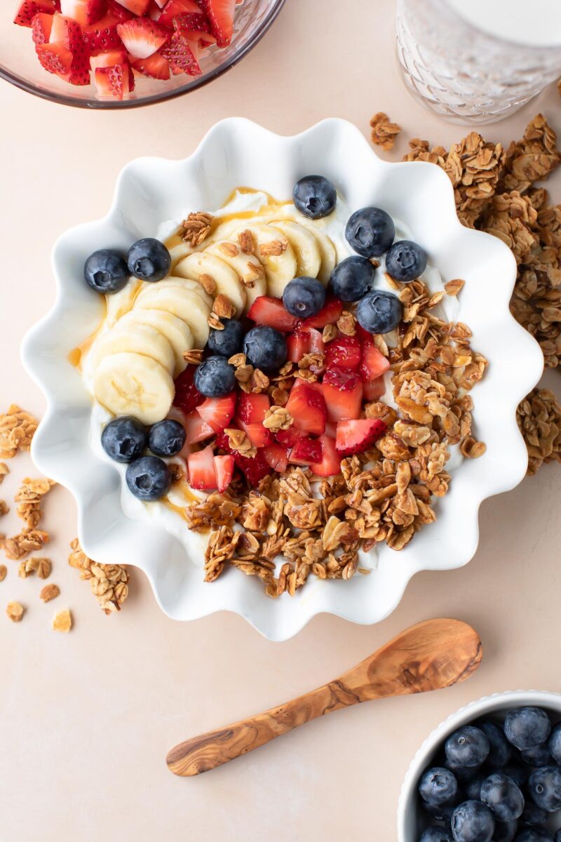 Mixed Berry Granola Yogurt Bowls with Strawberries, Blueberries, and Banana