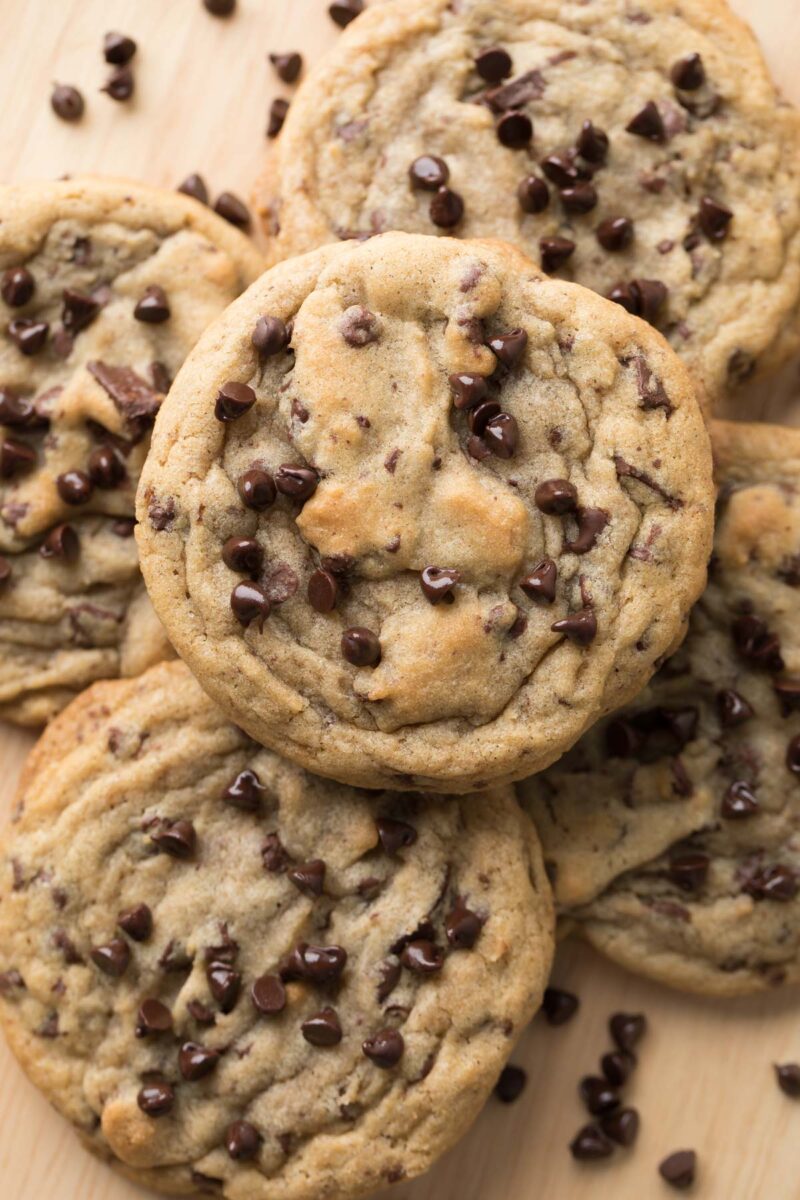 brown butter chocolate chip cookies with mini chocolate chips