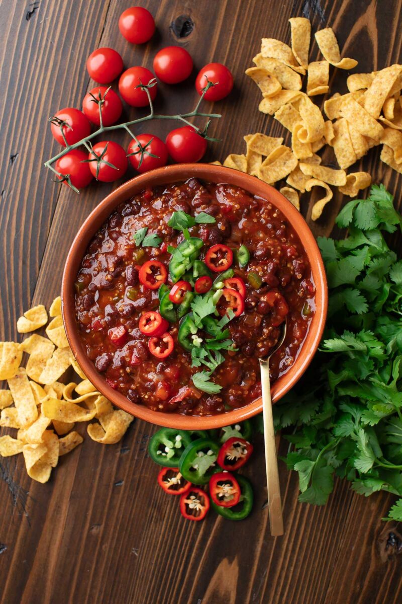 Black Bean Quinoa Chili Bowl with Toppings