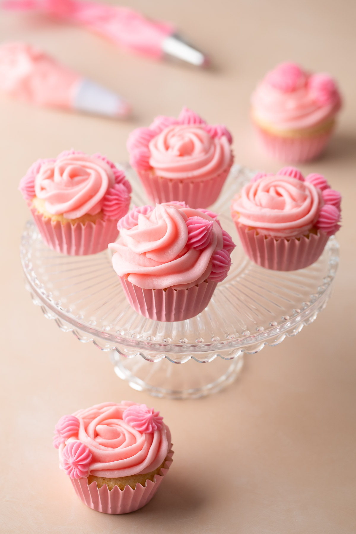 Valentine Cupcakes on Cake Stand with Pink Frosting