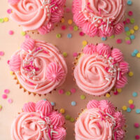 Six Small Batch Valentine Cupcakes with Pink Frosting and Sprinkles