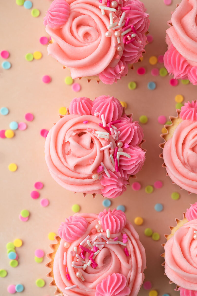 Pink Valentine Cupcakes with Frosting and Sprinkles