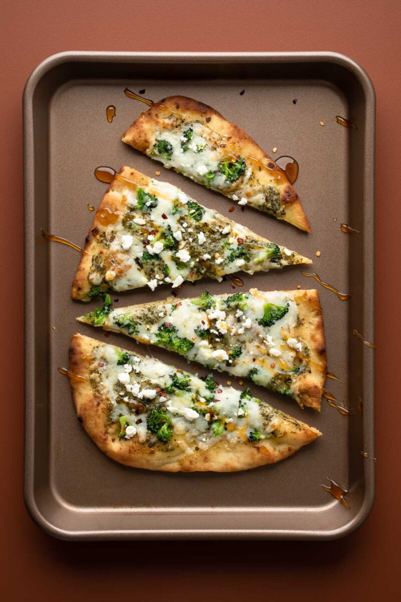 Broccoli Pesto Flatbread Pizza on baking sheet
