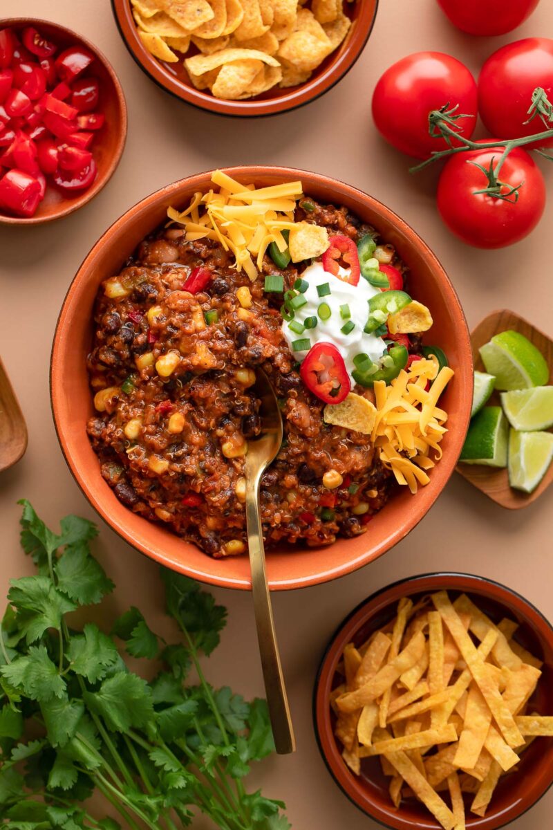 Instant Pot Vegetarian Quinoa Chili with Toppings and Ingredients
